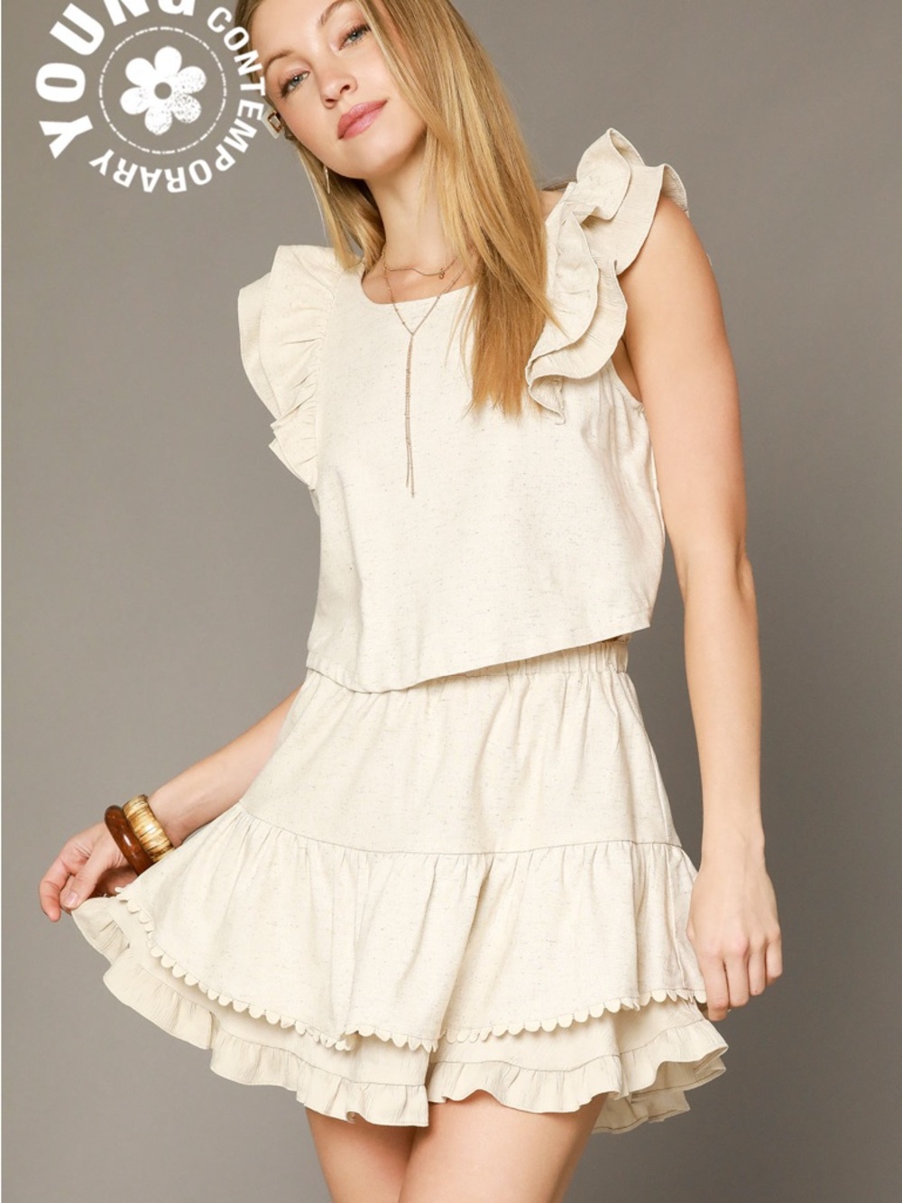 Umgee Cream Ruffle Sleeve and Hem Cotton and Linen Blend Mini Dress